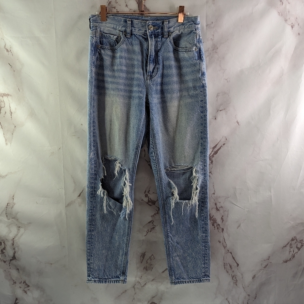 American Eagle Denim Women 2 Short Mom Jean High Rise Light Distressed Stripes